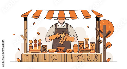 Artisan Crafting Handmade Pottery At Outdoor Market Stall