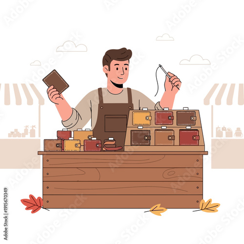 Artisan Crafting Leather Wallets At Outdoor Market Stall Scene