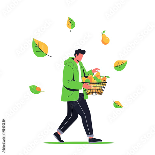 Autumn Harvest Joyful Man Carrying Basket Full Of Pears And Falling Leaves