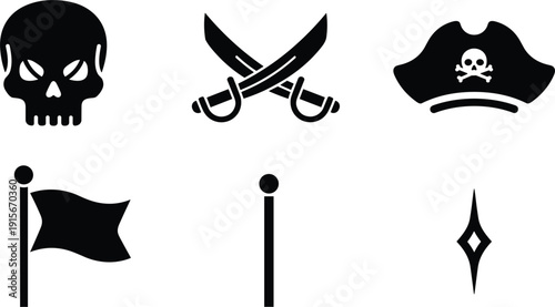 Pirate and nautical silhouettes set, black vector illustrations with human skull, crossed sabers, captain hat with crossbones and flags isolated on white background.