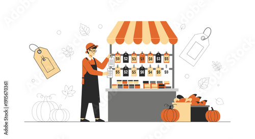 Autumn Harvest Market Stall With Seller And Prices Displayed On Tags