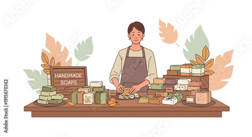 Artisan Crafting Natural Soaps At A Vibrant Market Stall Display