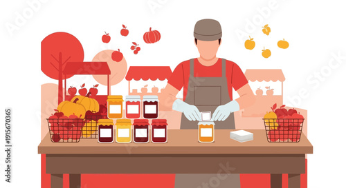 Autumn Harvest Jam Maker Preparing Jars At Farm Stand