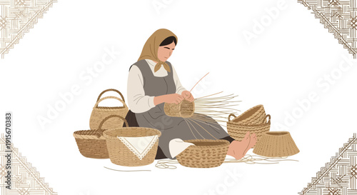 Artisan Crafting Woven Baskets With Natural Fibers Demonstrates Traditional Skill
