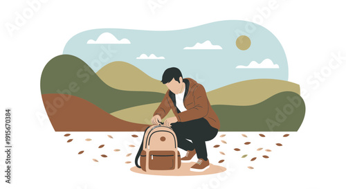 Autumn Journey Preparation Man Packing Backpack Outdoors Scenic Landscape