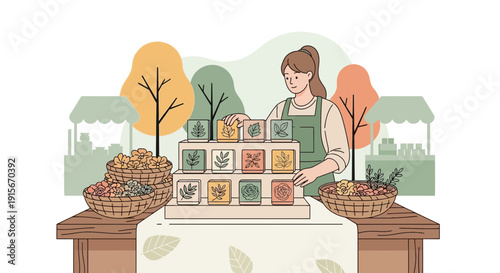 Artisan Craftswoman Arranges Botanical Displays At Outdoor Market Stall