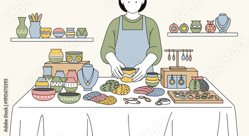 Artisan Creating Ceramics and Jewelry with a Variety of Handmade Craft Items