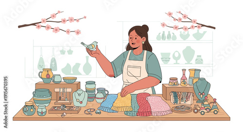 Artisan Creating Handmade Crafts Displaying Ceramic Birds and Jewelry