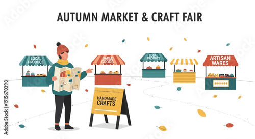 Autumn Market And Craft Fair Illustration With Stalls And Shopper