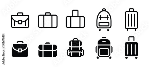 Baggage Icon Set for Travel and Business Trips – Solid and Line Style Suitcase Collection with Editable Strokes, Minimal Simple Vector Icons for Tourism, Airport, Vacation, and Corporate Journey Desig