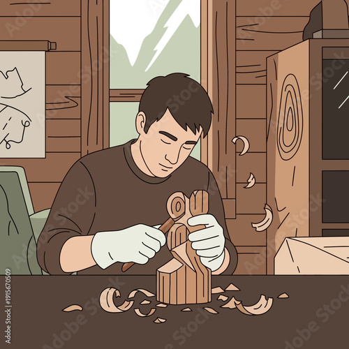 Artisan Skillfully Carves Wooden Sculpture In Rustic Workshop