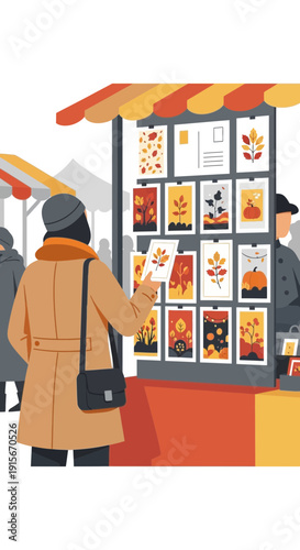 Autumnal Bazaar Scene: Shopper Browsing Art Prints Displayed At A Festive Outdoor Market