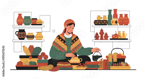 Artisan Woman Arranging Decorative Pottery And Handcrafted Items