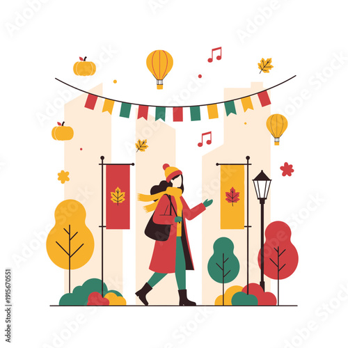Autumnal Festival Scene With Balloon And Decorative Banners