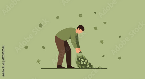 Autumnal Chore: Person Collecting Fallen Leaves Amidst Floating Foliage Season's End