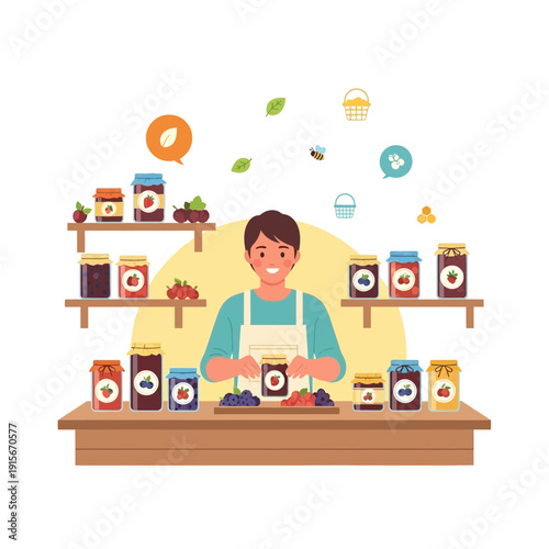 Artisanal Jam Maker Showcasing Preserved Fruit Jars And Fresh Ingredients