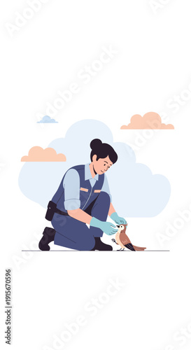 Caring Technician Gently Tending to Injured Bird Nature