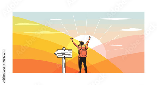 Backpacker Exhilarated By Sunrise At Crossroads With Open Arms