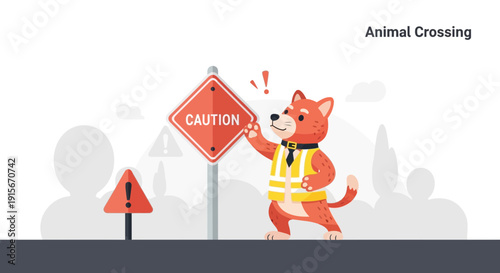 Cartoon Fox Character Wearing Safety Vest Holds Caution Sign