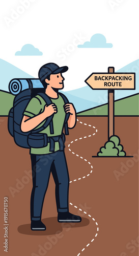 Backpacker Navigating A Scenic Trail With Backpacking Route Signpost Ahead
