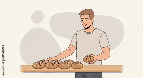 Baker Arranging Freshly Baked Bread Rolls On A Countertop Display