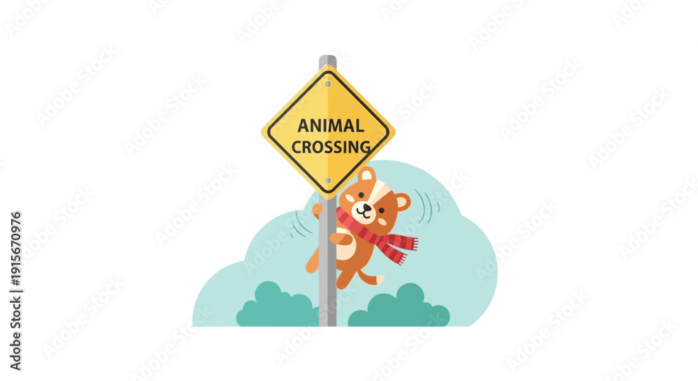 Fototapeta premium Charming Animal Crossing Sign With Playful Bear Mascot Wears Scarf