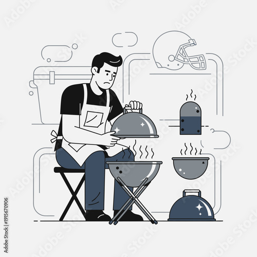 Barbecue Preparation: A Person Grilling Food with Minimalist Design and American Football Theme