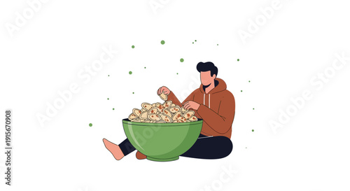 Casual Man Eating From A Large Bowl Of Chips Enjoying Snack Time