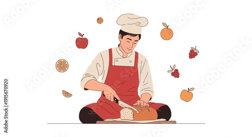 Artistic Chef Crafting Fresh Bread Amidst Whimsical Floating Fruits