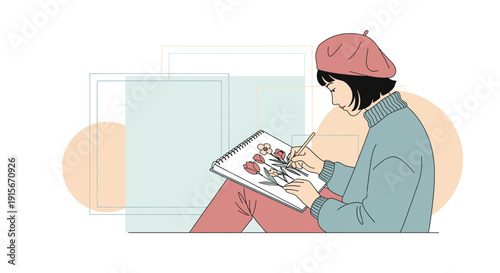 Artistic Creation Focused Young Woman Drawing Flowers In Sketchbook