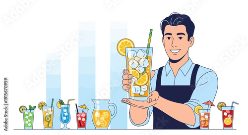 Bartender Offering Refreshing Citrus Drinks With Ice And Garnishes