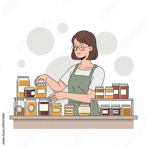 Artistic Depiction Of A Beekeeper Carefully Arranging Honey Jars For Display