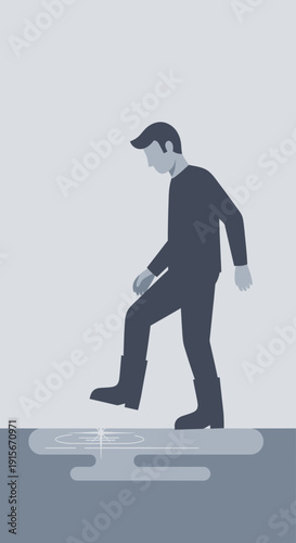 Cautious Steps Through Unexpected Puddles Symbolizing Challenges Ahead