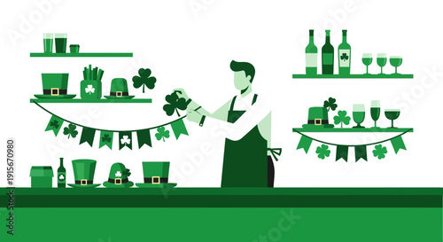 Bartender Prepares Festive Decorations for an Upcoming Saint Patrick's Day Celebration