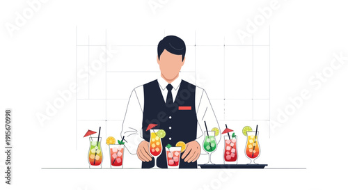 Bartender Presenting Assortment Of Crafted Cocktails On A Bar Counter In Vector Format