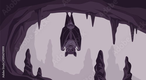 Bat Hanging Upside Down In A Mystical Cave Environment