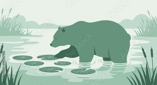 Bear Wading Through Lily Pads In Serene Swamp Landscape Illustration
