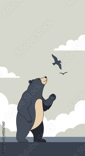 Charming Bear Gazing Upwards At Birds In Cloudy Sky