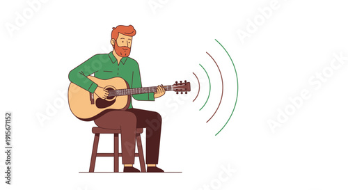 Bearded Man Playing Guitar Emitting Sound Waves Illustration On White
