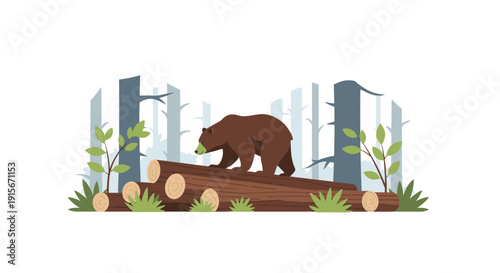 Bear Walking On Logs In A Stylized Forest Scene
