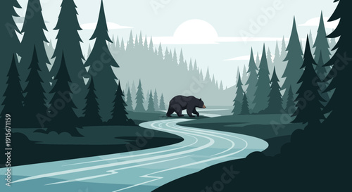Bear Wandering Beside A Winding River Through A Serene Forest Landscape