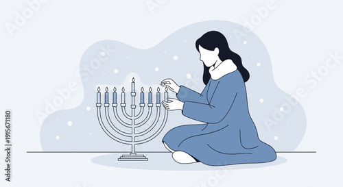 Celebrating Traditions A Person Lights A Hanukkah Menorah During Winter Snow