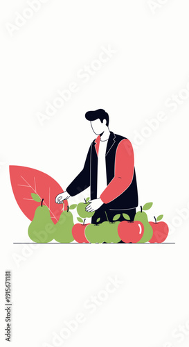 Artistic Illustration Of A Farmer Harvesting Ripe Apples And Pears From Nature