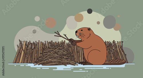 Beaver Constructing Habitat Depicting Animal's Diligence And Natural Building Skills