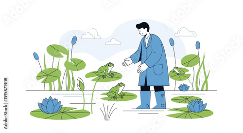 Biologist Studying Frogs In A Lush Lily Pond Environment