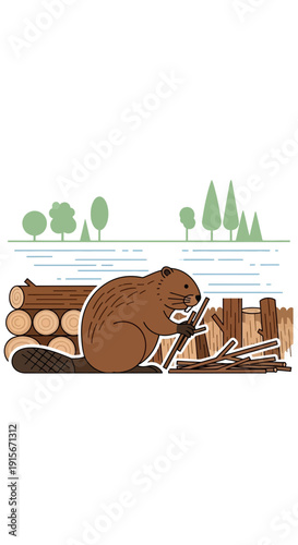 Charming Beaver Crafting Woodpile Nature Scene Animated Style