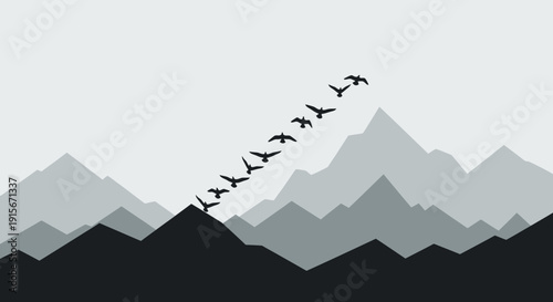 Birds Flying Over Minimalist Mountains In A Calm Sky