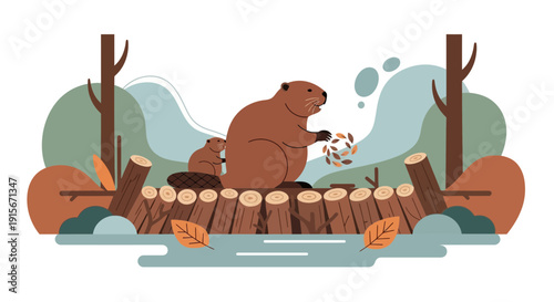 Charming Beaver Family Building Their Dam Amidst Autumn Foliage