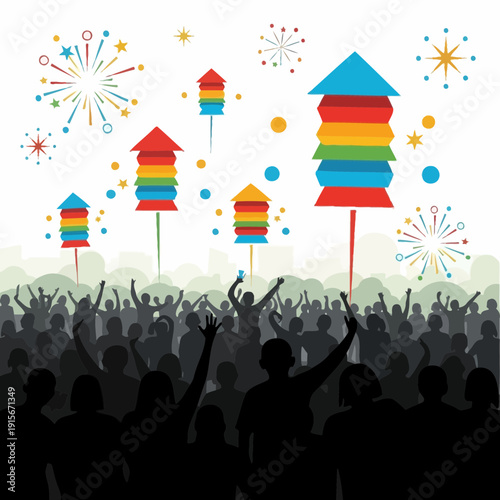 Celebratory Crowd Watching Colorful Fireworks Explode Over City Skyline