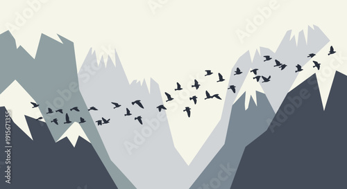 Birds Fly Over Mountains in Minimalistic Style Representing Freedom and Nature